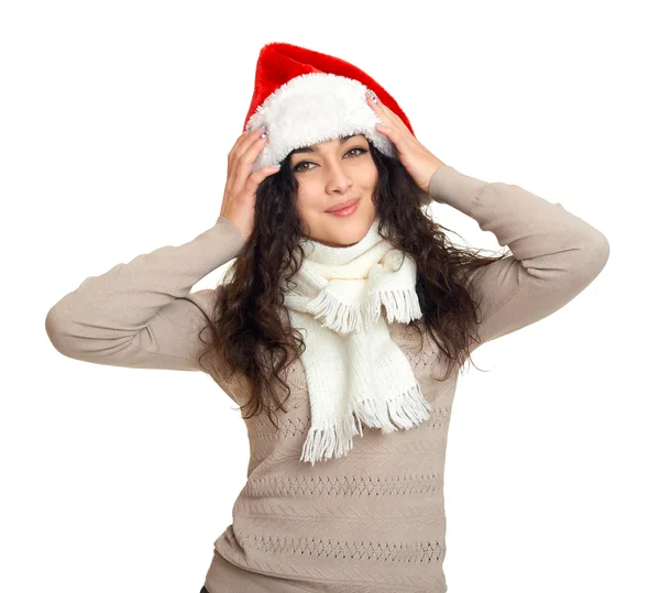 Girl in santa hat portrait, posing on white background, christmas holiday concept, happy and emotions — Stock Photo, Image