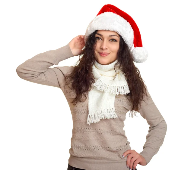 Chica en retrato de sombrero de santa, posando sobre fondo blanco, concepto de vacaciones de Navidad, feliz y emociones — Foto de Stock