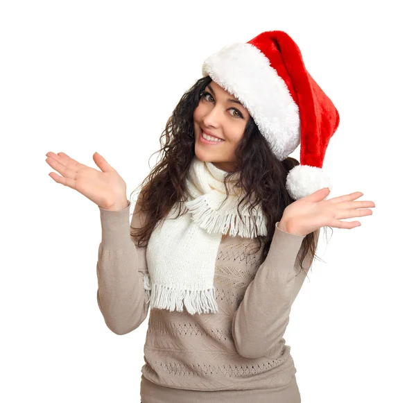 산타 모자 초상화에 소녀, 흰색 배경에 포즈, 크리스마스 휴가 개념, 행복과 감정 — 스톡 사진