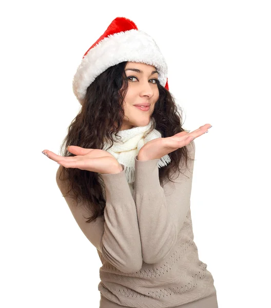 女孩在圣诞老人帽子肖像，在白色背景上摆姿势，圣诞节假期概念，快乐和情感 — 图库照片