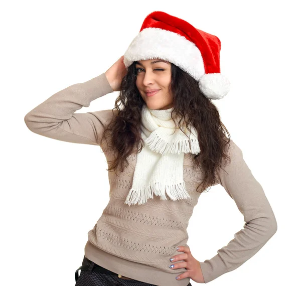 Meisje in Santa Hat portret, poseren op witte achtergrond, Kerst vakantie concept, gelukkig en emoties Rechtenvrije Stockafbeeldingen