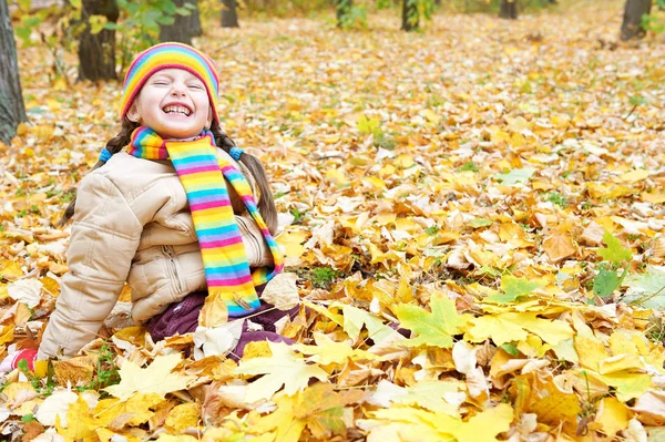 Bambina seduta nella foresta autunnale, bellissimo paesaggio nella stagione autunnale con foglie gialle — Foto Stock