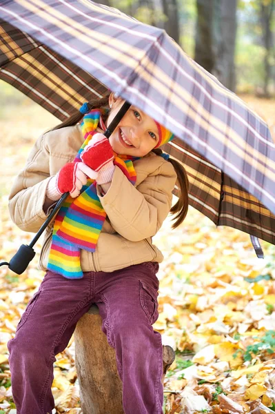 Dziecko dziewczynka w lesie jesienią z parasolem, piękny krajobraz w jesienią sezonu z żółtymi liśćmi — Zdjęcie stockowe