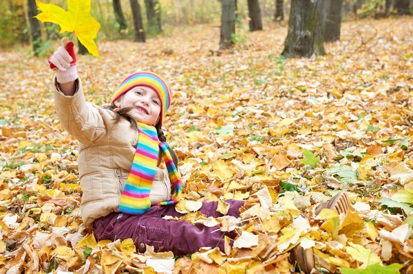 Bambina seduta nella foresta autunnale, bellissimo paesaggio nella stagione autunnale con foglie gialle — Foto Stock