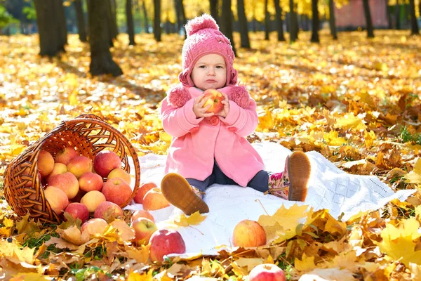 Meisje kind in herfst park met mand appels, mooie landschap in vallen seizoen met gele bladeren — Stockfoto