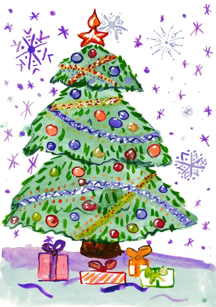 Juletræ med sne, akvarel maleri på papir - Stock-foto