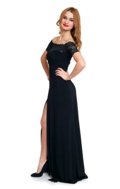 siyah elbise beyaz zemin üzerine, tatil kavramı izole güzel kız