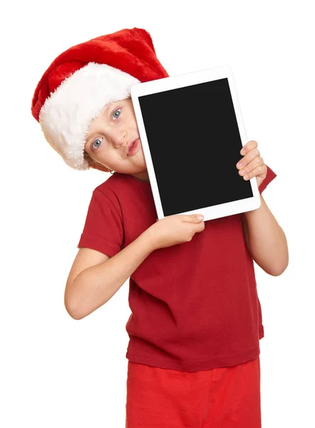 在 tablet pc 上分离出的白色红色圣诞帽的女孩 — 图库照片