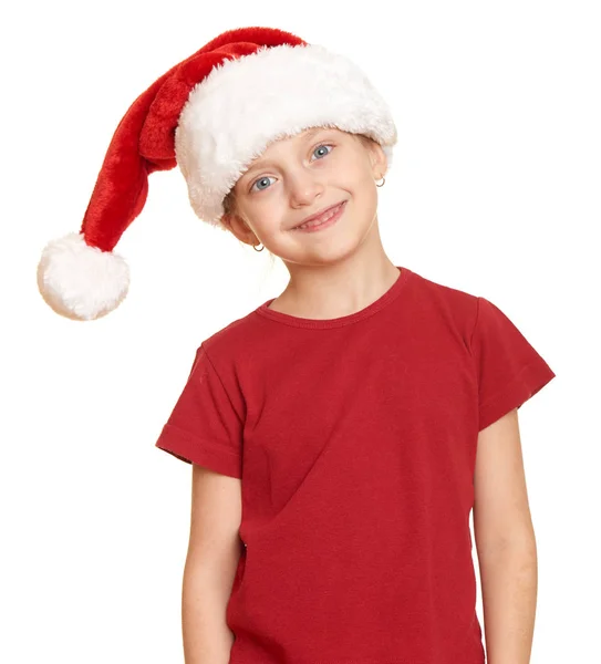 Дівчинка в портреті капелюха Санта на білому ізольовані, концепція різдвяного свята — стокове фото