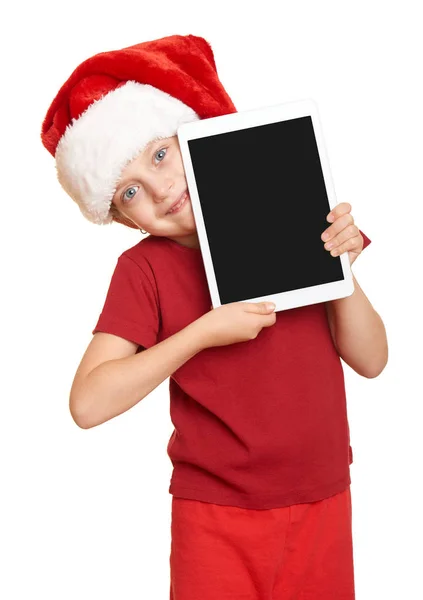 Ragazza in rosso cappello di Santa con tablet pc su bianco isolato — Foto Stock