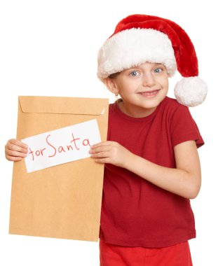 santa - kış tatil Noel kavramı mektup ile kırmızı şapkalı kız