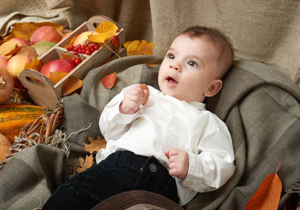 Otoño niño se acuesta sobre hojas de otoño amarillo, manzanas, calabaza y decoración en textil — Foto de Stock