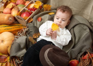 sonbahar küçük çocuk yalan üzerine sarı sonbahar yaprakları, elma, kabak ve Dekorasyon Tekstil