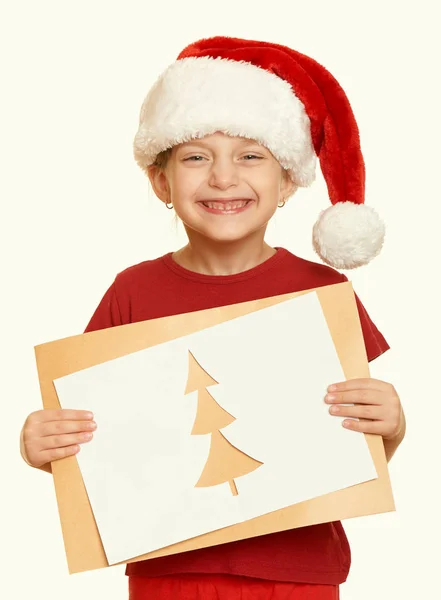 Girl in red hat with letter to santa - winter holiday christmas concept, yellow toned — Stock Photo, Image