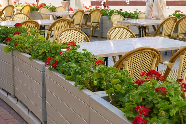 Café de calle interior, mesas y sillas, adornado con flores — Foto de Stock