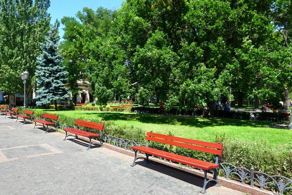 Latem park miejski, jasny, słoneczny dzień, drzew z cieniami i trawa zielona — Zdjęcie stockowe