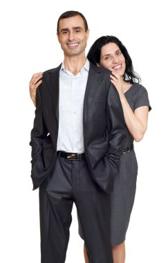 Siyah takım elbise giymiş aşık Romantik Çift beyaz izole