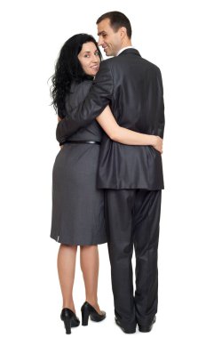 Çift arka görüş, insanlar arka etrafına bir bak, Klasik takım elbise, beyaz arka plan üzerinde tam uzunlukta giymiş