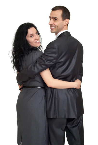 Casal visão traseira, pessoas backside olhar ao redor, vestido com terno clássico, fundo branco — Fotografia de Stock