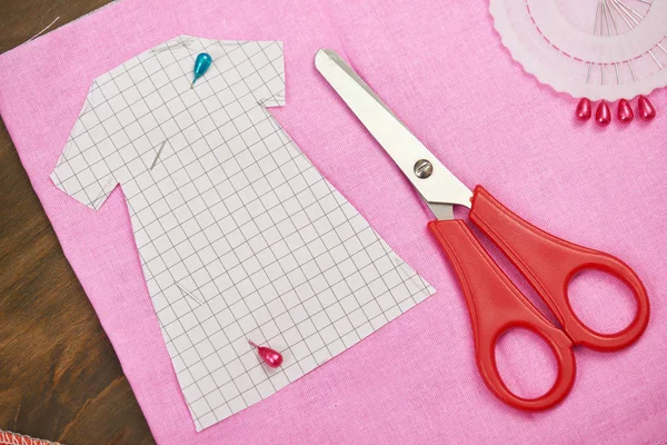 Clothing pattern, sewing accessories top view, seamstress workplace, many object for needlework, embroidery, handmade and handicraft — Stock Photo, Image