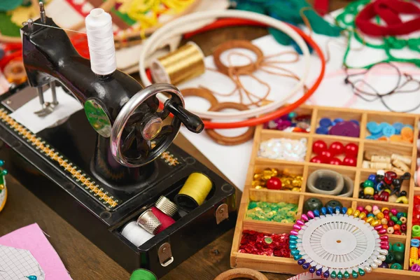 Sewing accessories top view, seamstress workplace, many object for needlework, embroidery, handmade and handicraft — Stock Photo, Image