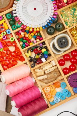 set of accessories and jewelry to embroidery, haberdashery, sewing accessories top view, seamstress workplace, many object for needlework, handmade and handicraft clipart