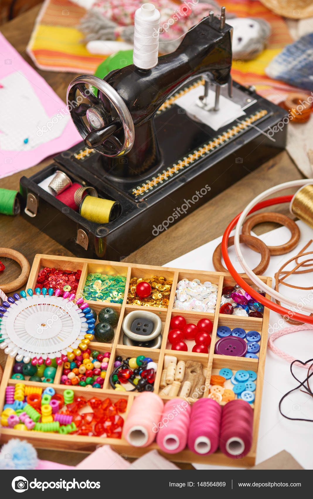 Set Of Accessories And Jewelry To Embroidery, Haberdashery, Sewing  Accessories Top View, Seamstress Workplace, Many Object For Needlework,  Handmade And Handicraft Stock Photo, Picture and Royalty Free Image. Image  75413116.