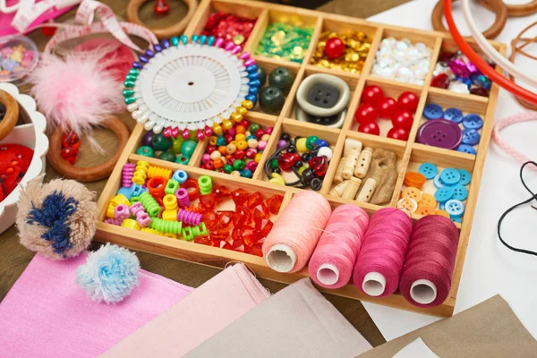 Thread and sewing accessories top view, seamstress workplace, many object for needlework, embroidery, handmade and handicraft — Stock Photo, Image