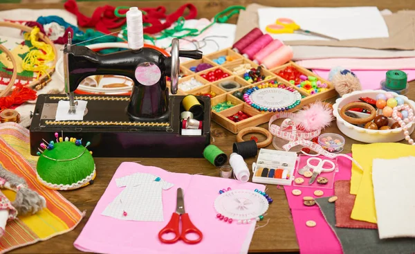 Sewing accessories top view, seamstress workplace, many object for needlework, embroidery, handmade and handicraft — Stock Photo, Image