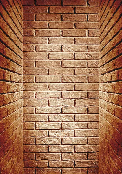 Vermelho marrom tonificado tijolo parede final do corredor, backgro abstrato — Fotografia de Stock