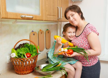 Anne ve kızı ile sebze ve meyve mutfak iç sepet. Üst ve alt. Sağlıklı gıda kavramı