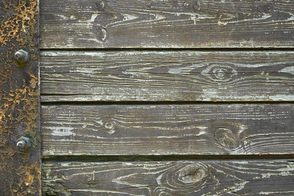 Wooden background from old plank boards with iron fastening, horizontal arrangement in a row — Stock Photo, Image
