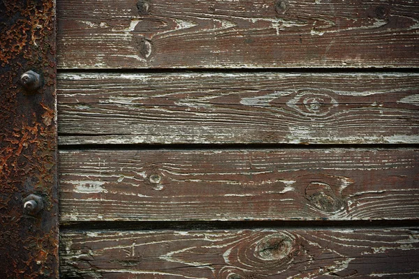 Houten achtergrond van oude plank boards met ijzer vastmaken, horizontale regeling op een rij — Stockfoto