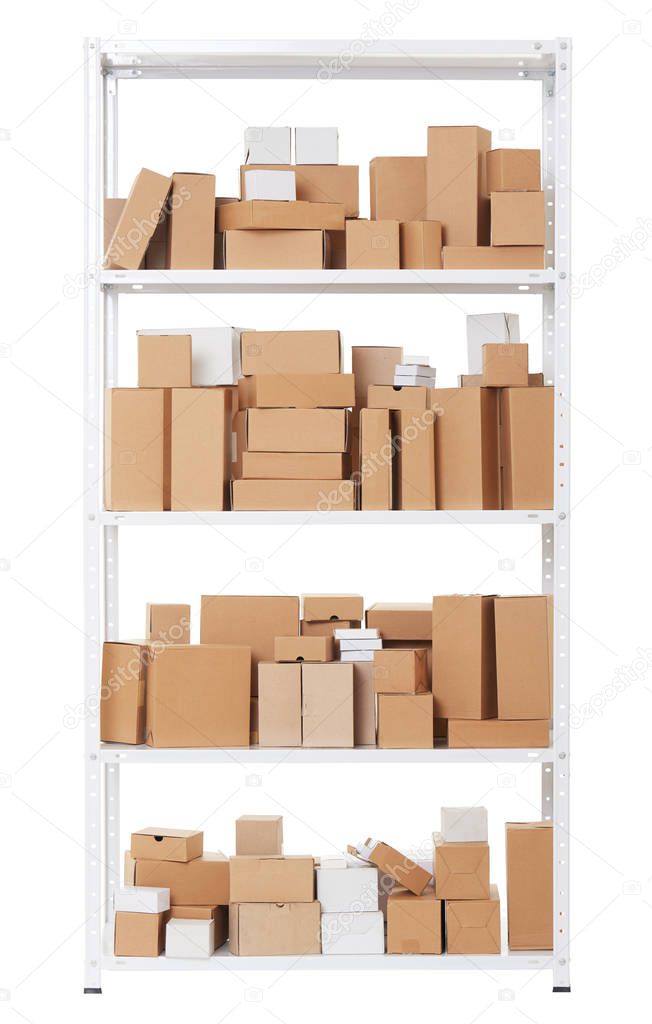 Shelving with different cardboard boxes, isolated object photo on white background