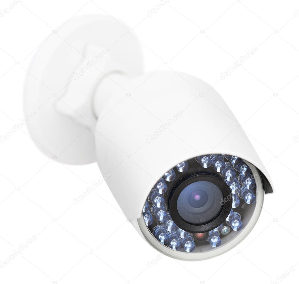 CCTV security camera, closeup photo, isolated object on white
