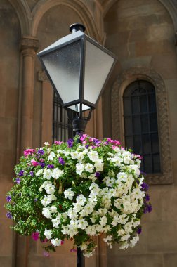 çiçek dekorasyonu, arka planda bina vintage ile sokak fener