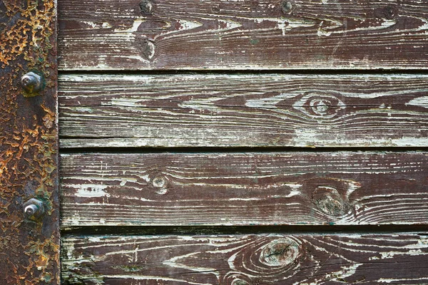 Houten achtergrond van oude plank boards met ijzer vastmaken, horizontale regeling op een rij — Stockfoto