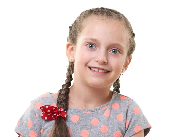 Pretty little girl studio portrait, white background — Stock Photo, Image