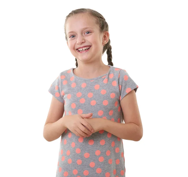 Pretty little girl studio portrait, white background — Stock Photo, Image