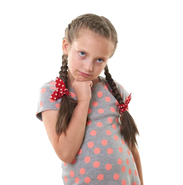 Pretty little girl studio portrait, white background — Stock Photo, Image