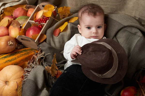 Temporada de otoño, niño yace sobre hojas de otoño amarillo, manzanas, calabaza y decoración en textil — Foto de Stock