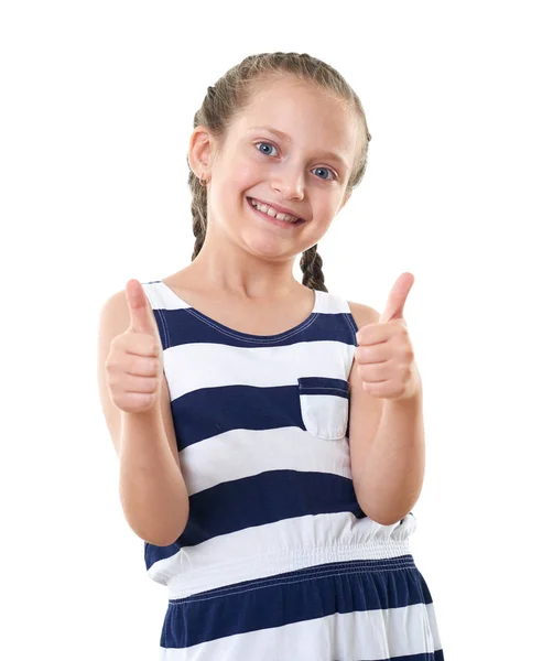 Hübsches kleines Mädchen im gestreiften Kleid Studioporträt, beste Geste zeigen, weißer Hintergrund — Stockfoto