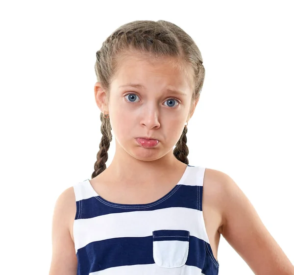 Bonita niña en retrato de estudio vestido a rayas, haciendo una cara sorprendida, fondo blanco — Foto de Stock