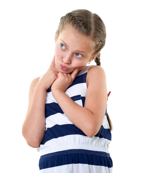 Pretty little girl in striped dress studio portrait, making a surprised face, white background — Stock Photo, Image