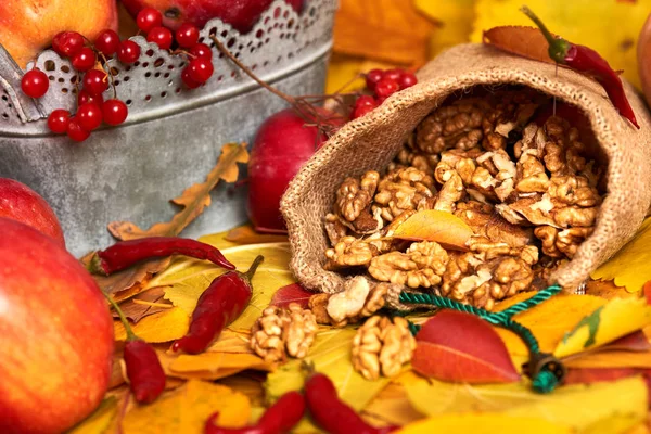Bir çuval, meyve ve sebze düşen yapraklar arka planda, Sonbahar sezonu içinde fındık