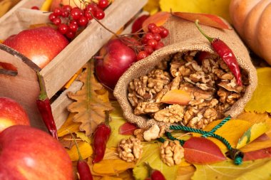 Bir çuval, meyve ve sebze düşen yapraklar arka planda, Sonbahar sezonu içinde fındık