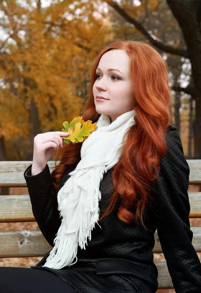 Giovane donna ritratto nel parco autunnale, tenendo una foglia in mano — Foto Stock