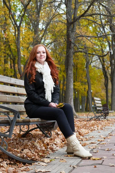 Junges Frauenporträt im Herbstpark, gelbe Blätter und Bäume — Stockfoto