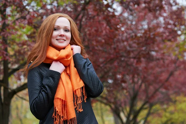 genç kadın portre sonbahar park, Sarı yapraklar ve ağaçlar