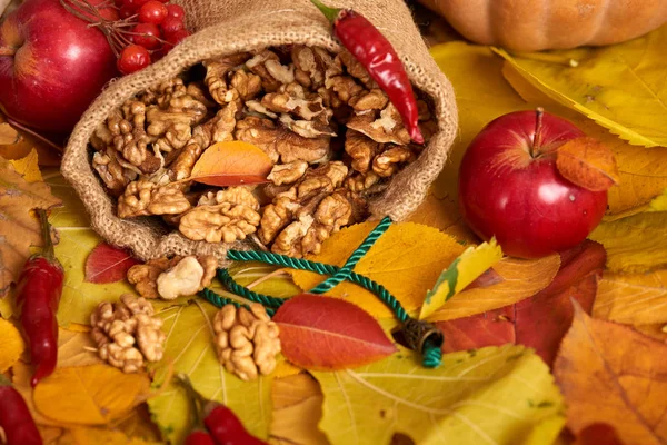 Bir çuval, meyve ve sebze düşen yapraklar arka planda, Sonbahar sezonu içinde fındık